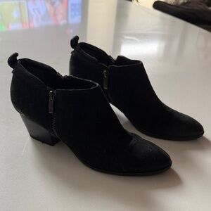Franco Sarto Black Suede Ankle Booties, Dual Side Zippers, Size 8.5